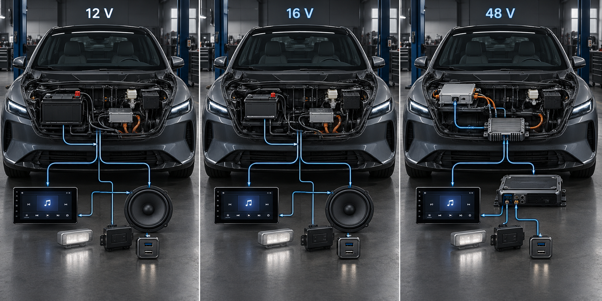 Car audio amplifier voltage input range label beside EV accessory system wiring showing 12V 16V and 48V compatibility check for electric vehicle installation