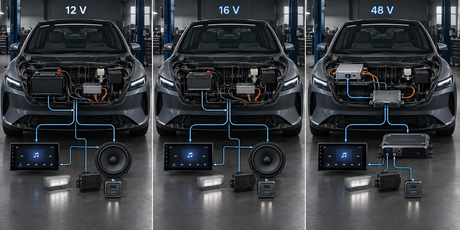 Car audio amplifier voltage input range label beside EV accessory system wiring showing 12V 16V and 48V compatibility check for electric vehicle installation