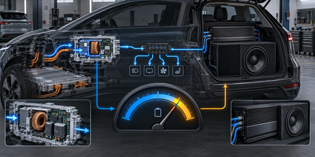 Car audio amplifier power wire and ground cable connection points in electric vehicle showing battery sensor and remote turn-on wiring for EV installation