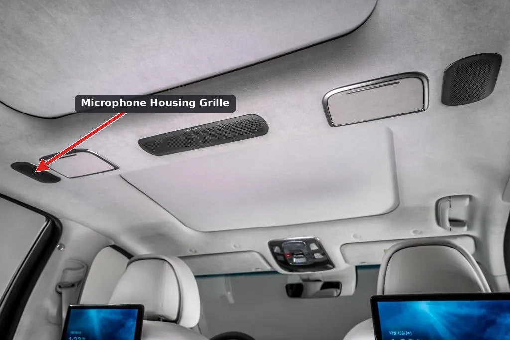 Vehicle cabin microphone and speaker system diagram showing active noise cancellation feedback loop affected by aftermarket subwoofer bass output