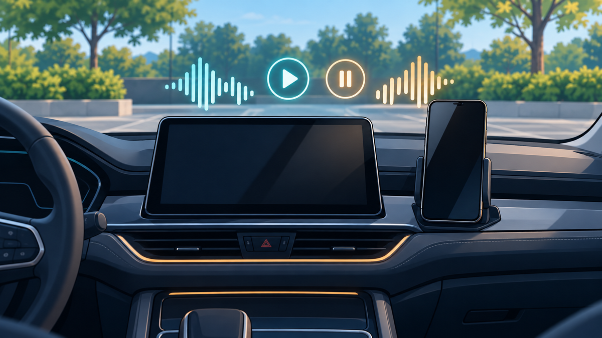 Conceptual illustration of a parked car dashboard and phone with blank screens and floating audio, play and pause symbols.