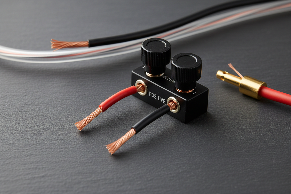 Digital multimeter with probes next to automotive speaker wires wiring diagram and polarity tester on dark surface