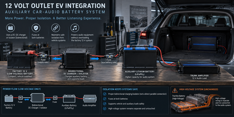Lithium auxiliary battery and isolator wiring diagram for EV car audio system showing secondary battery integration with DC-to-DC converter charging