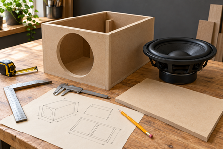 Conceptual enclosure-planning workbench with an unfinished rectangular MDF box, loose subwoofer, measuring tools and sketches.