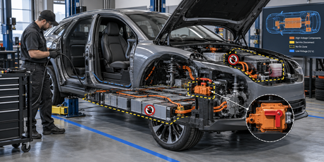Electric vehicle orange high voltage cables and warning labels showing no-go zones for car audio installers working near EV traction battery components