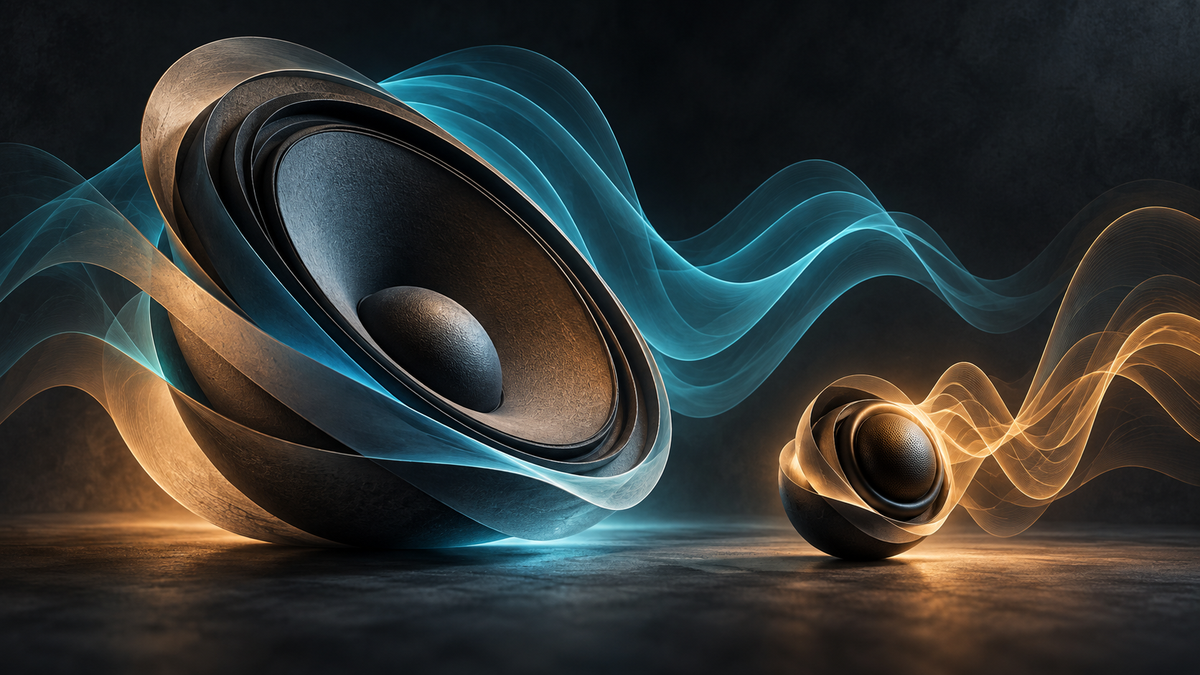 Conceptual illustration of a large speaker-like cone and a smaller rounded tweeter-like form with flowing cyan and amber bands on a dark charcoal background.