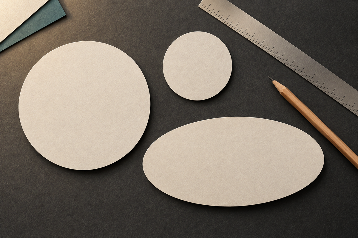 Conceptual illustration of two circular paper templates and one oval template beside a ruler and pencil on a charcoal planning surface.