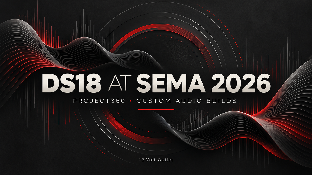 Original 12 Volt Outlet editorial graphic reading DS18 at SEMA 2026, PROJECT360 and custom audio builds, over abstract red and charcoal sound waves.