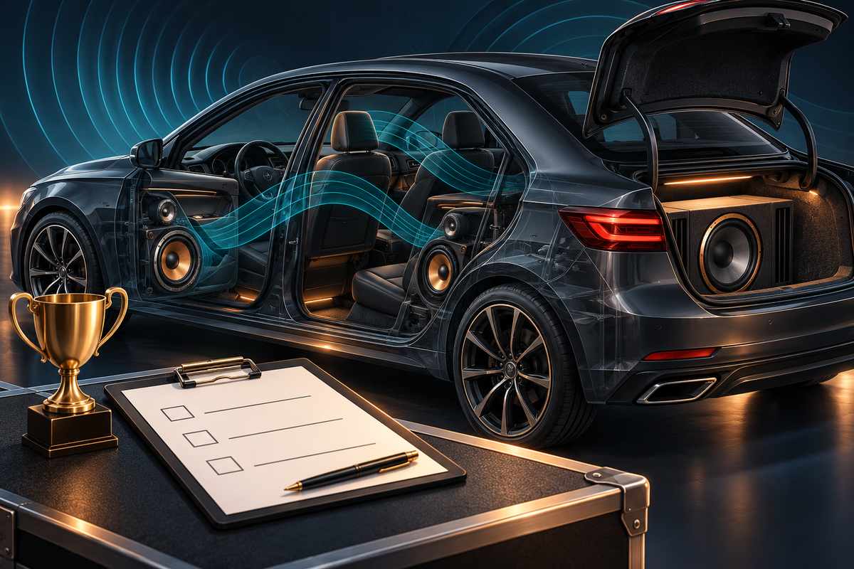 Conceptual car-audio judging illustration with a cutaway sedan, door speakers, trunk subwoofer, trophy and blank inspection checklist.