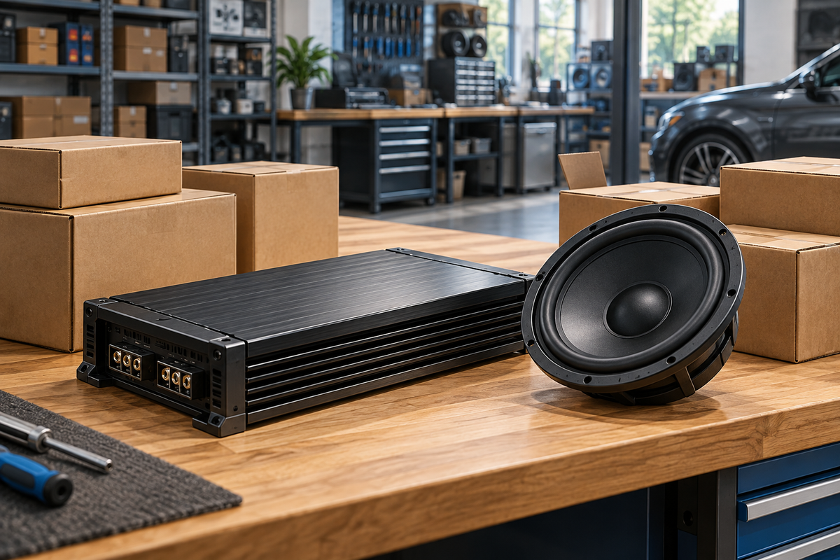Conceptual illustration of unbranded car audio equipment and cartons on a workshop receiving bench.