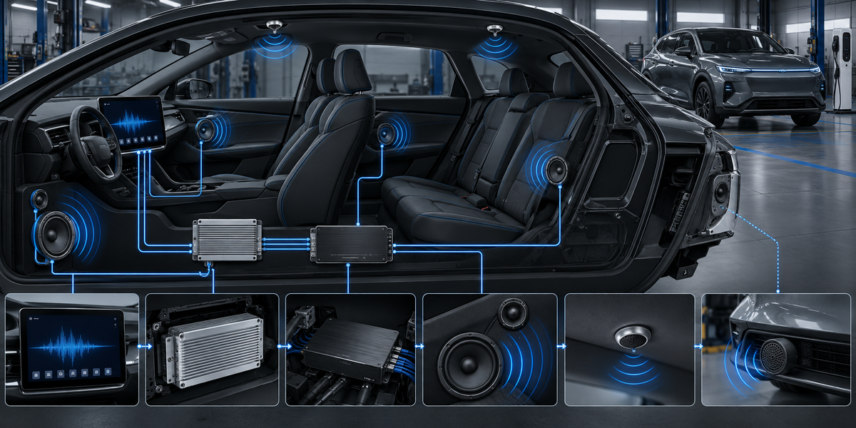Electric vehicle dashboard and speaker system showing OEM amplifier integration points for ANC active noise cancellation and AVAS pedestrian safety sound preservation