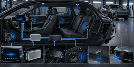 Electric vehicle dashboard and speaker system showing OEM amplifier integration points for ANC active noise cancellation and AVAS pedestrian safety sound preservation