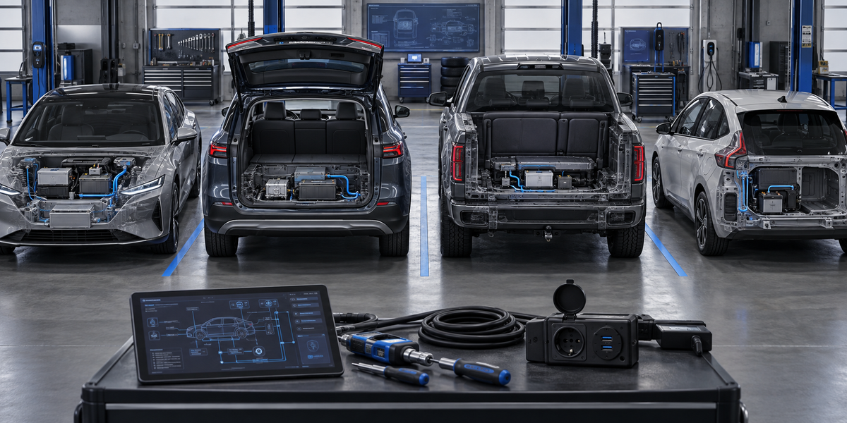 Major EV brand logos beside low voltage architecture diagram showing accessory system differences between Tesla GM Ford and Hyundai for car audio installers
