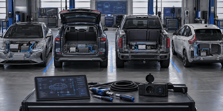 Major EV brand logos beside low voltage architecture diagram showing accessory system differences between Tesla GM Ford and Hyundai for car audio installers