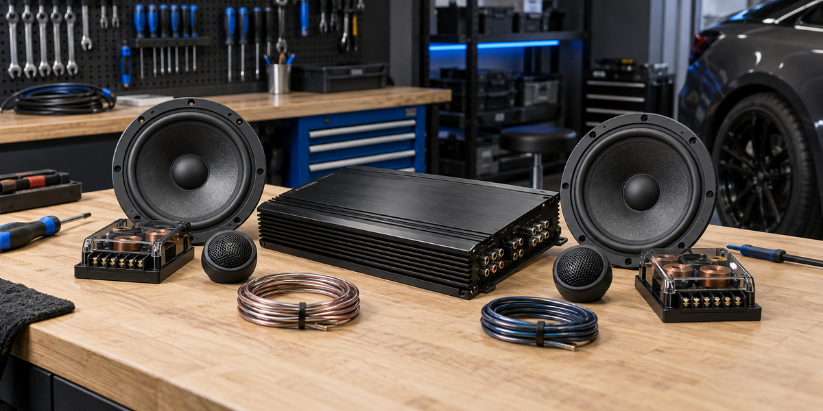 Car audio component speaker set including tweeter midrange and midbass drivers laid out on dark surface for front stage system building