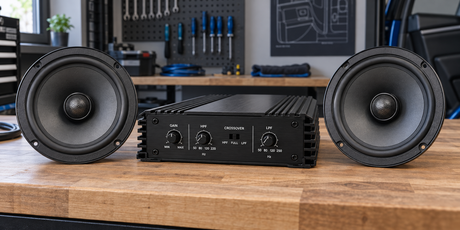 Component speaker set with passive crossover and separate tweeter showing active and passive car audio system configuration for amplifier channel matching