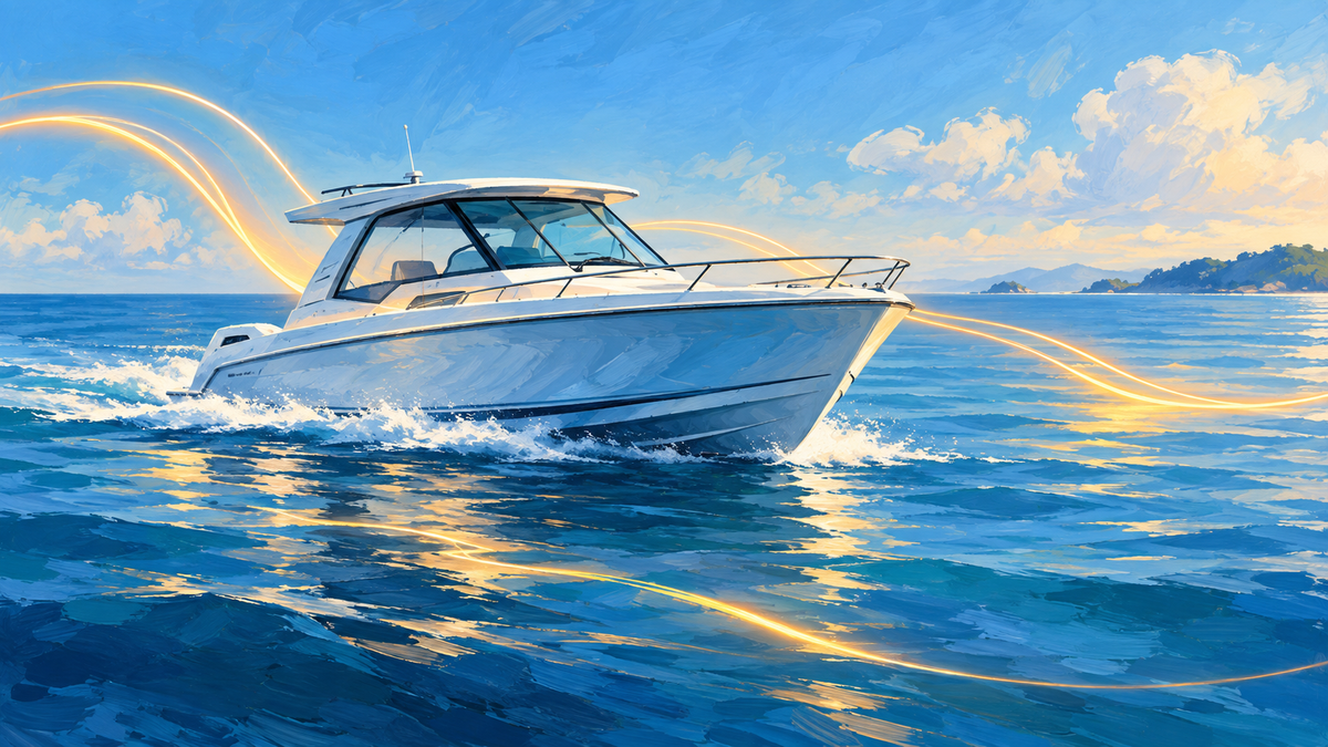 Painterly illustration of a white motorboat on blue water, surrounded by flowing amber light curves.