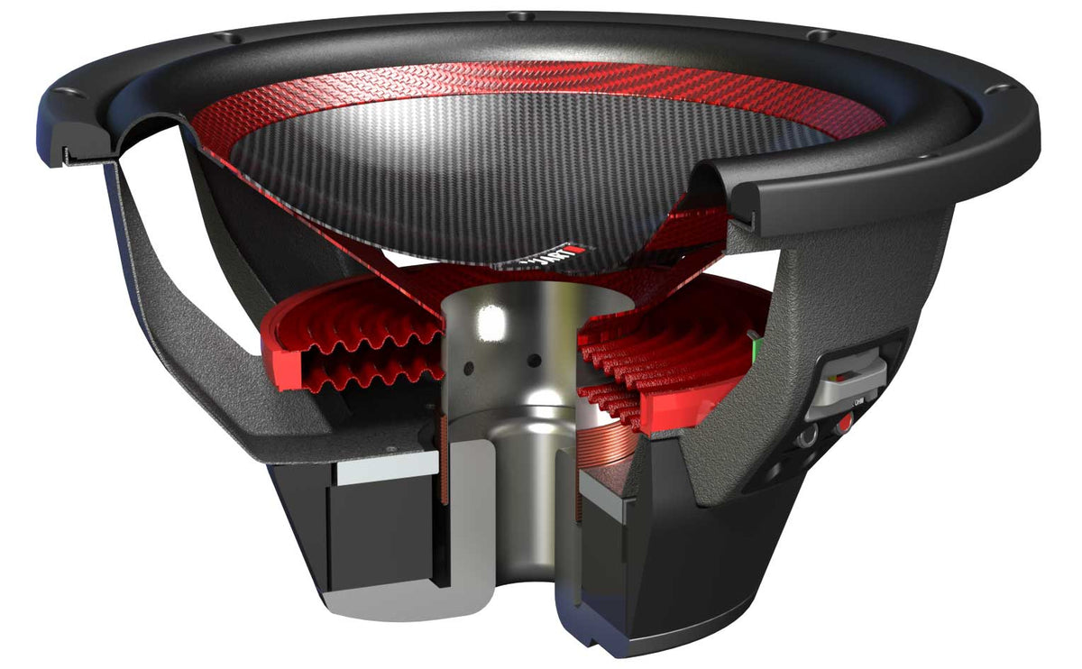Subwoofer cone and surround material samples including paper carbon fiber rubber and foam laid out on dark surface