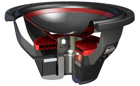 Subwoofer cone and surround material samples including paper carbon fiber rubber and foam laid out on dark surface