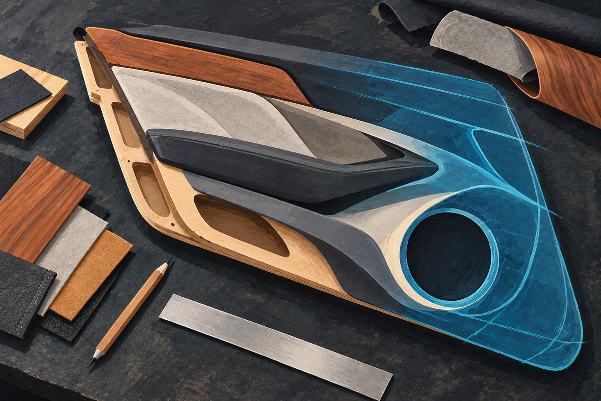 Painterly illustration of a layered car-door panel concept with a circular speaker opening and cyan design lines on a charcoal workbench beside a pencil, ruler and material samples.