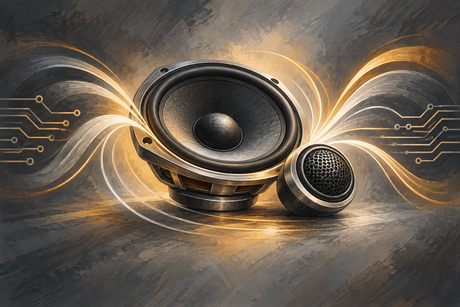 Painterly illustration of an unbranded woofer and tweeter with amber sound-wave curves and abstract circuit lines.
