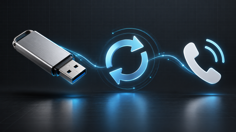 Conceptual illustration of a USB flash drive, glowing update arrows and a phone-call symbol on a dark background.