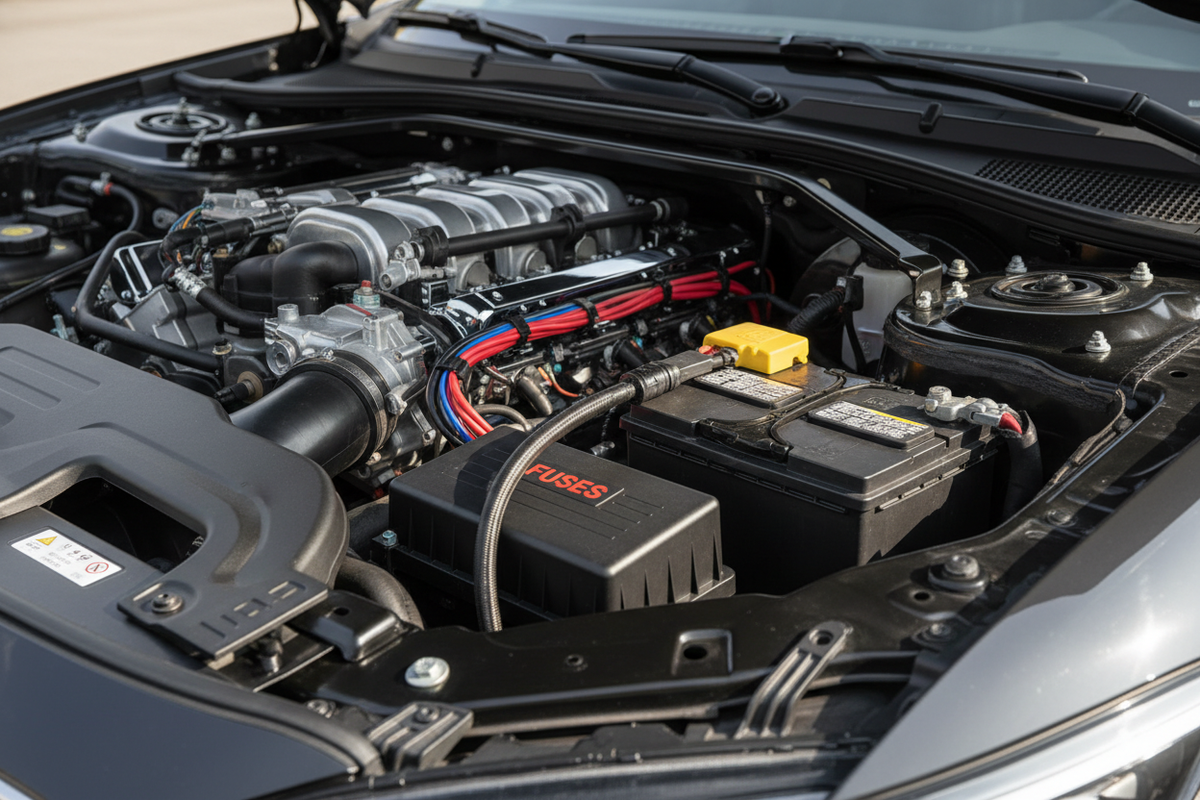 Car engine bay showing battery, ground cable, fuse box and wiring for 12-volt DC power system