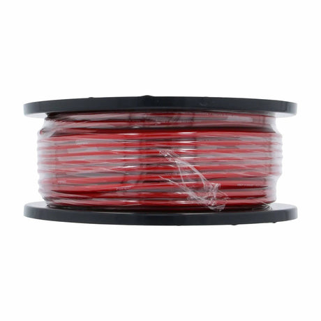 Side view of a red T-Spec power-wire spool wrapped in clear protective film