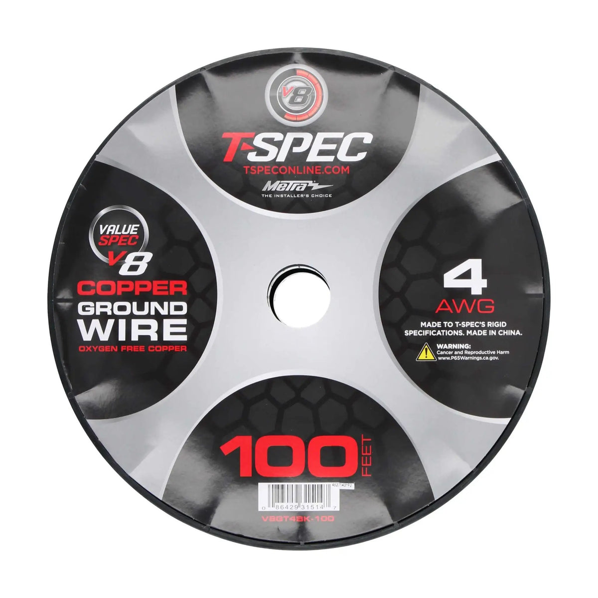 T-Spec round spool label showing 4 AWG ground wire and 100 feet