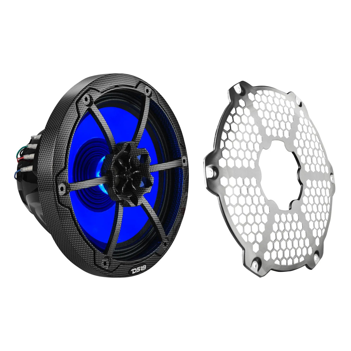 Carbon-pattern DS18 marine speaker illuminated blue beside its detached silver honeycomb grille
