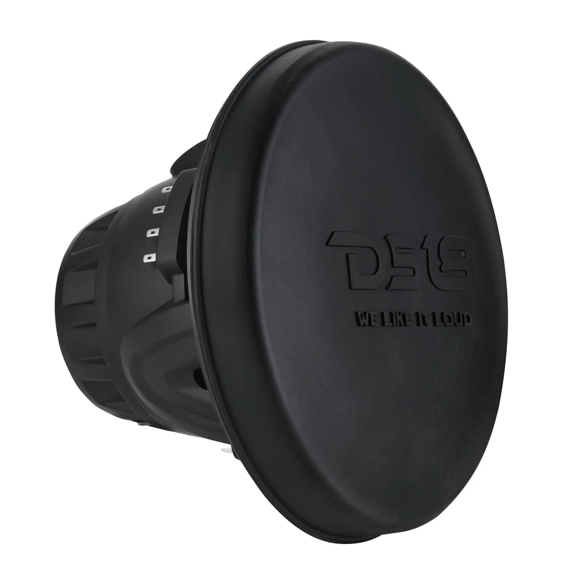 Angled view of a black DS18 speaker with its protective front cover fitted