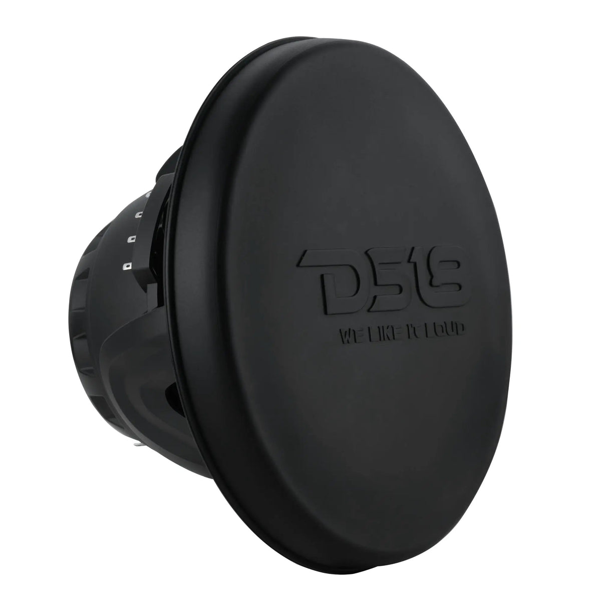 Black DS18 speaker with embossed protective cover fitted, angled view