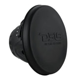 Black DS18 speaker with embossed protective cover fitted, angled view