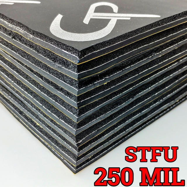 Stack of GP sound-deadening sheets with exposed layers and an STFU 250 MIL label