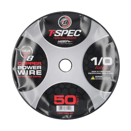 T-Spec copper power-wire spool label marked 1/0 AWG and 50 feet