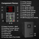 Front controls, USB-A port, output terminals and rear cooling fan on the SPS-3010 bench power supply