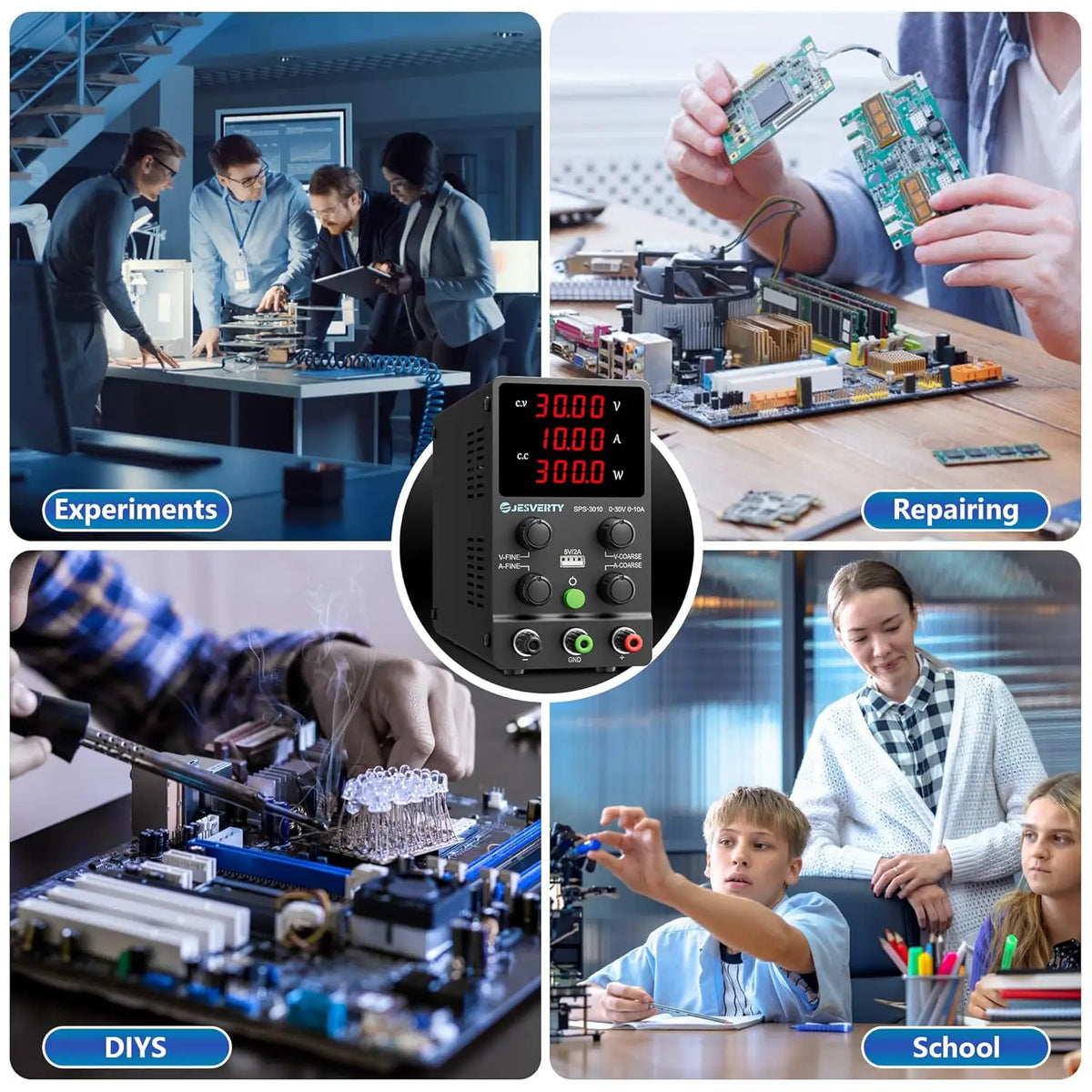 SPS-3010 adjustable DC power supply shown with electronics repair, lab and educational applications