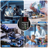 SPS-3010 adjustable DC power supply shown with electronics repair, lab and educational applications