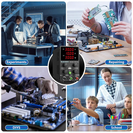 SPS-3010 adjustable DC power supply shown with electronics repair, lab and educational applications