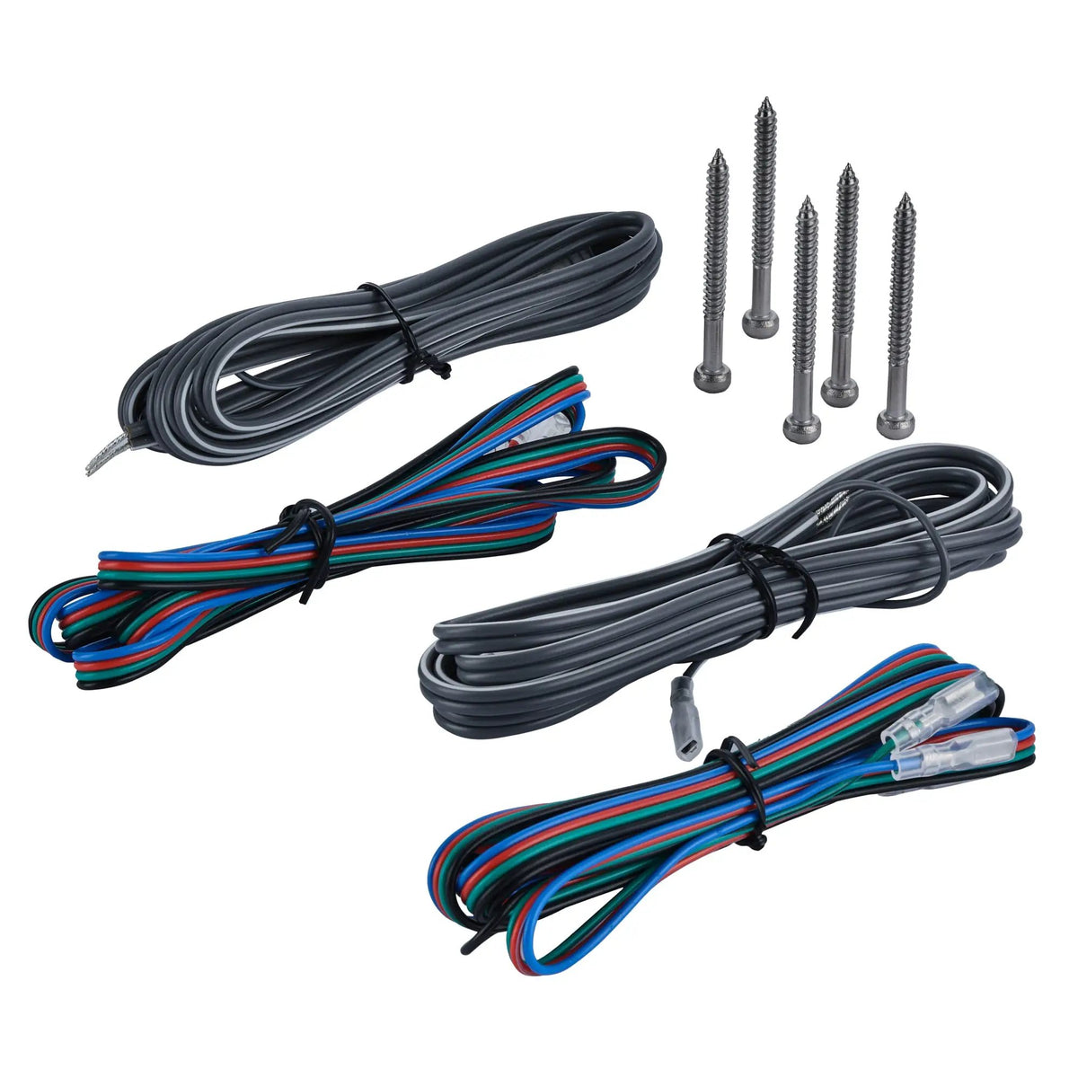 Coiled black and multicolor speaker leads with connectors and mounting screws