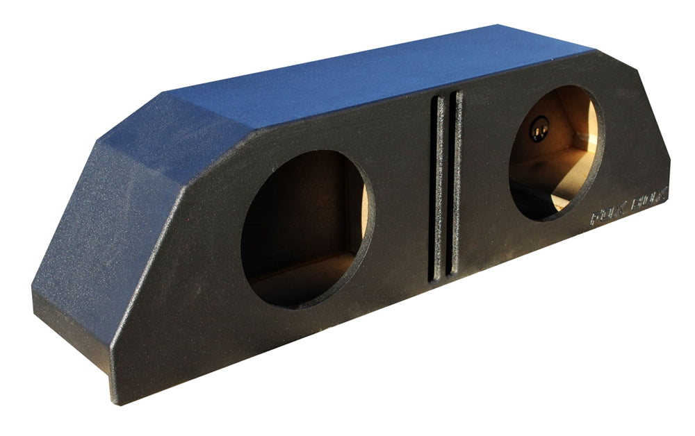 Angled view of a black enclosure with two round speaker openings and two narrow central slots