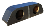 Angled view of a black enclosure with two round speaker openings and two narrow central slots