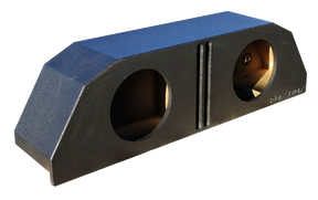 Angled view of a black enclosure with two round speaker openings and two narrow central slots