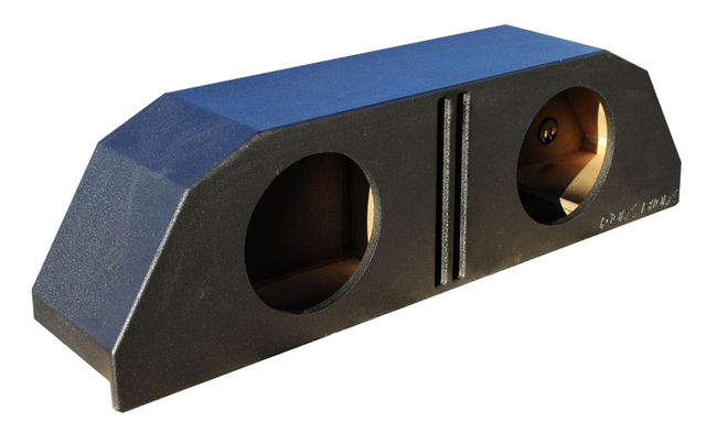 Angled view of a black enclosure with two round speaker openings and two narrow central slots