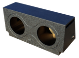 Black subwoofer enclosure with two round speaker openings, a side slot port and a terminal cup