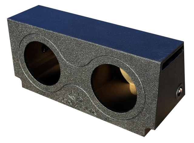 Black subwoofer enclosure with two round speaker openings, a side slot port and a terminal cup