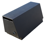 Rear and end view of a black Fox Box enclosure with a narrow slot port and terminal cup