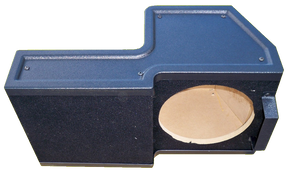 Angled view of a stepped black enclosure with one round speaker opening and a flat screwed-on panel