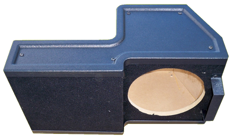 Angled view of a stepped black enclosure with one round speaker opening and a flat screwed-on panel