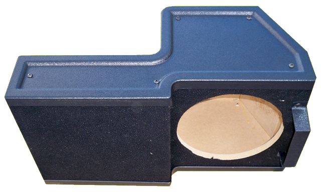 Angled view of a stepped black enclosure with one round speaker opening and a flat screwed-on panel